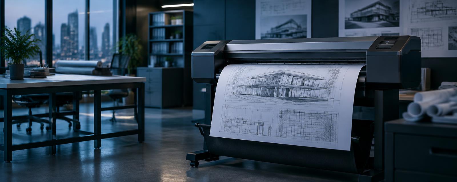 Large format plotter printing an architectural drawing in a design office